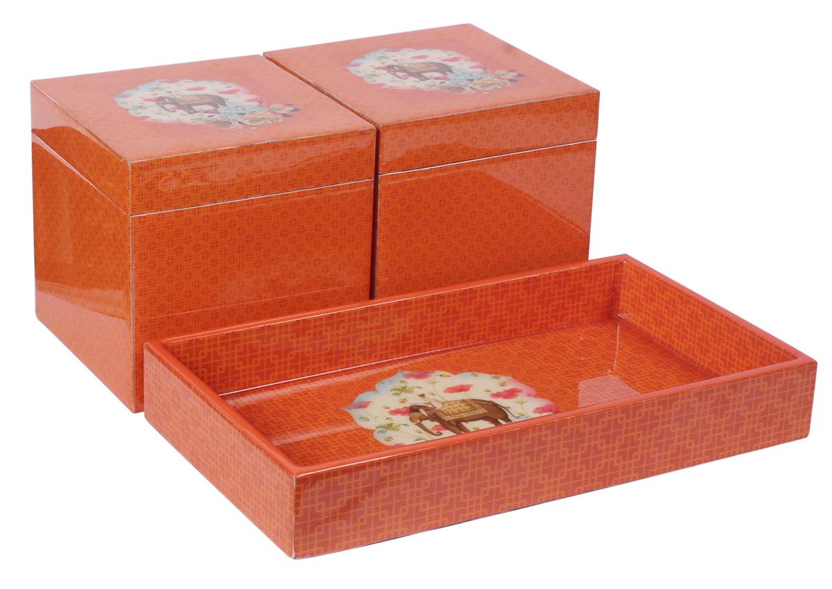 10.5” Elephant Storage Boxes / Containers with Tray in MDF - Set of 2 - Orange - Kitchen Essentials / Decor from India - Buy in Bulk Wholesale